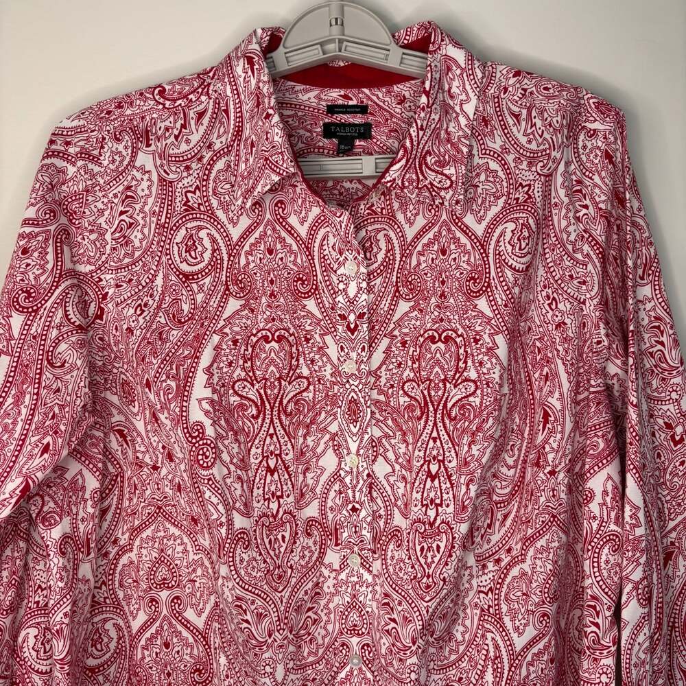 Talbots paisley printed long sleeve button up petite 16W red white stretch
